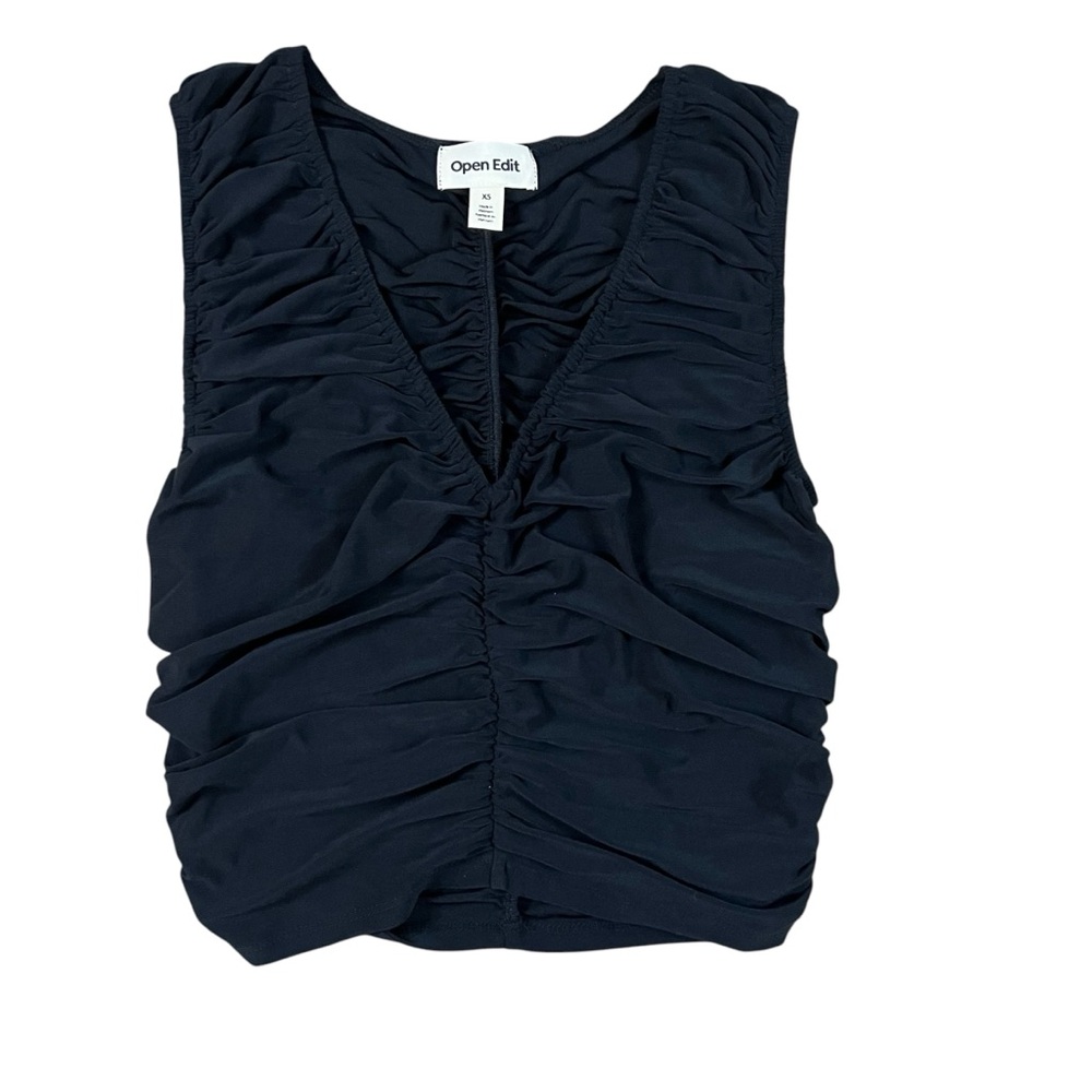 Open Edit NWT XS Black Ruched V-Neck Sleeveless Crop Top
